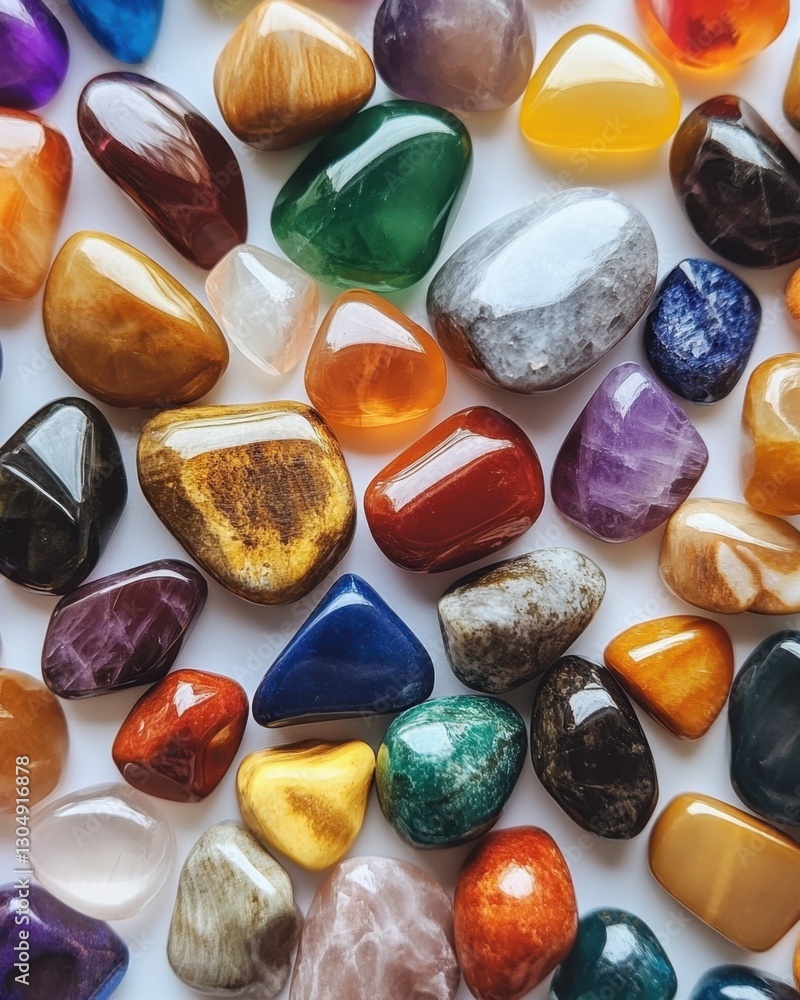 Poster assorted polished gemstones in vibrant colors on a white background creating a beautiful and colorfu