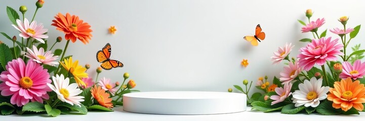 White spring podium with colorful flowers and butterflies, spring, butterflies, display