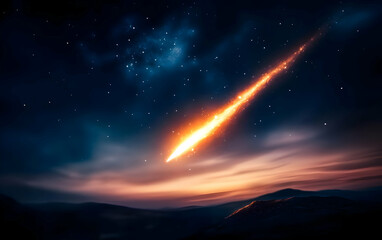 A stunning meteor streaking across a starry night sky, illuminating the dark landscape with vibrant colors and celestial beauty.