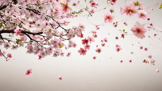 A beautiful cherry tree in full bloom, its tender pink flowers swaying gently in the breeze, set against a soft, dreamy background in a seamless looping 4K animation.