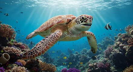 Obraz premium Sea Turtle Swimming Freely in Coral Reef with Sunlight Beams