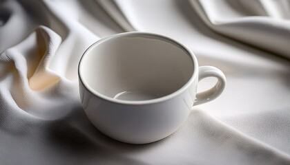 white ceramic cup lying on a bed of white fabric the cup is empty and appears to be made of a light colored material possibly ceramic or porcelain