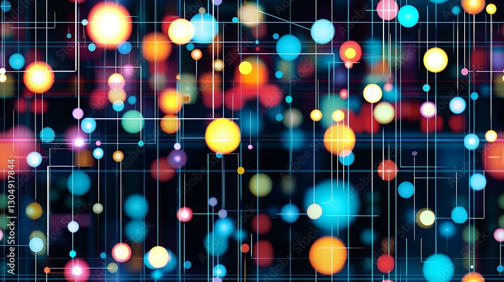 Poster abstract colorful network background with bright glowing circles and lines