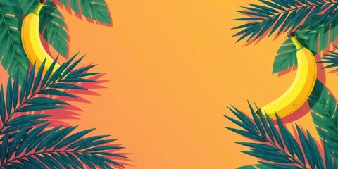 Obraz premium Tropical Delight Two Ripe Bananas Adorned by Lush Green Palm Fronds on a Vibrant Orange Background, Perfect for Summer Designs
