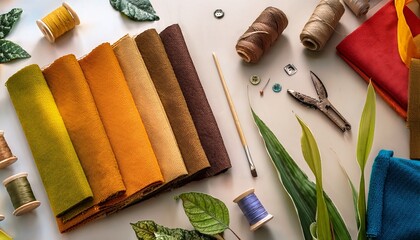 a photo of a vibrant workspace with swatches of organic fabric and sewing tools
