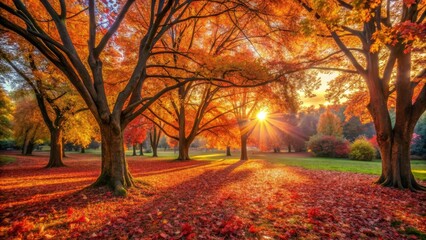 Fototapeta premium Autumnal Park Majestic Trees Bathed in Golden Sunlight, Carpet of Fallen Leaves