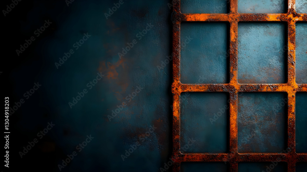 Poster a textured wall with a rusty grid pattern, showcasing an intriguing mix of colors and materials that