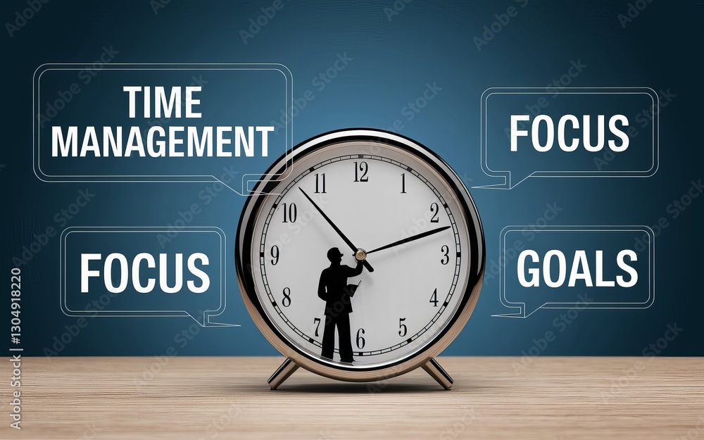 Poster mastering time: clock image symbolizes time management, focus, and goal-setting, with words arranged
