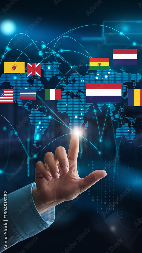 Poster hand interacts with digital world map showing interconnected national flags, representing global con