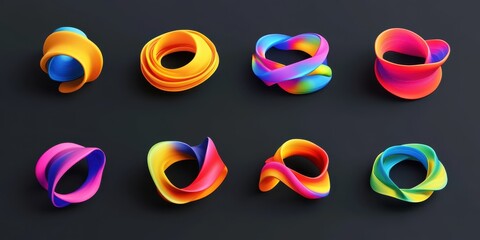 Colorful 3D shapes set. Abstract gradient lines.