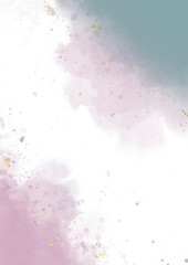 Abstract Watercolor Style illustration with Light Blue and light purple Paint Stains on a White Background and golden splashes, design template for card ,wedding invitation or birthday	
