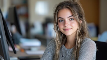 Portrait of a young woman working on computer at her desk.