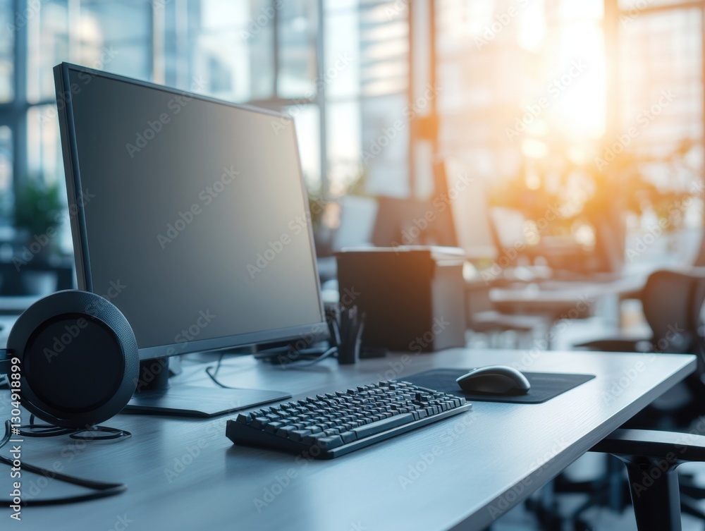 Poster modern office setup with computer and peripherals on desk in a bright workspace with sunlight