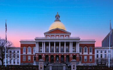 The Massachusetts State House at dawn on top of Beacon Hill in Boston, USA