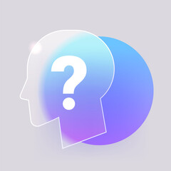 Glass morphism blue silhouette human head with question mark. Vector help or support icon