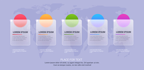 Business gray infographic template with transparent panels and world map. Five glass morphism bars and different color circle vector illustration