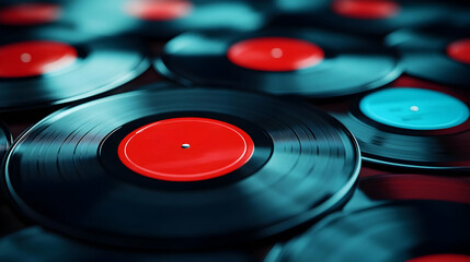 A vibrant collection of vintage vinyl records showcasing colorful labels and intricate grooves, perfect for music enthusiasts.
