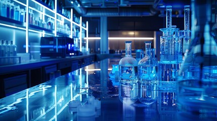 The illuminated lab contains several glass beakers and lab equipment