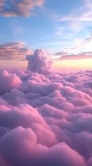 Ethereal pink cloudscape at sunset a dreamy aerial view of fluffy clouds and pastel sky creating a serene and peaceful atmosphere with soft light