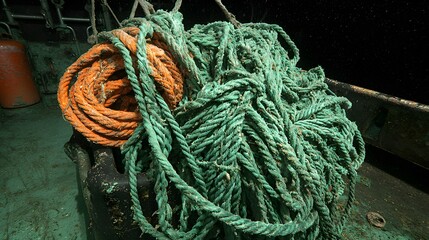Tangled Ropes in Vibrant Orange and Green Colors on the Deck of a Fishing Vessel at Night
