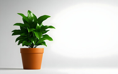 Fototapeta premium A vibrant green plant in a terracotta pot, set against a minimalistic background, adding a touch of nature to any space.
