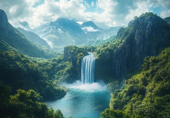 Fototapeta premium Majestic waterfall cascading into serene lake surrounded by lush greenery and towering mountains under a dramatic cloudy sky in a tranquil wilderness setting