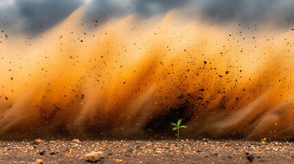 Resilient Seedling Surviving Powerful Dust Storm in Arid Landscape
