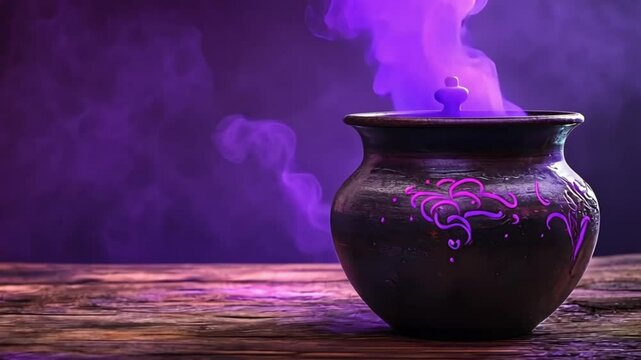 Purple smoke rising from a dark cauldron on a wooden table. Possible use Fantasy, Halloween, witchcraft
