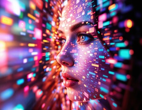 Futuristic cyber woman. Portrait of beautiful young woman with digital code on her face. Digital Woman