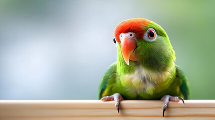 Naklejka premium A vibrant parrot perched on a wooden surface, showcasing its colorful feathers against a blurred green background.