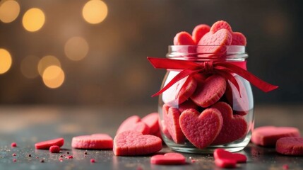 A delightful jar of heart-shaped cookies, tied with a festive red ribbon, rests on a dark surface, adorned with a few loose cookies, creating a romantic and delicious scene.