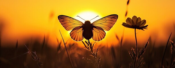 A beautiful butterfly silhouetted against a stunning sunset.