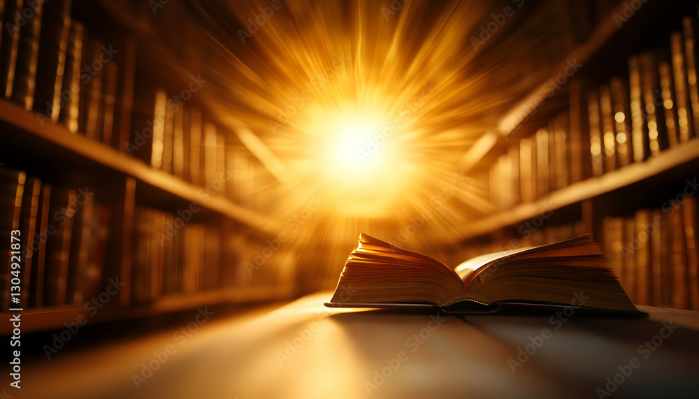 Poster a warm light shines on an open book in a library, symbolizing knowledge, discovery, and the power of