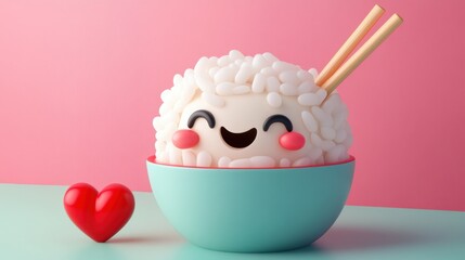 Cute rice bowl with chopsticks on a pink background