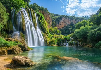Obraz premium Majestic Waterfall Cascading into Serene Pool Surrounded by Lush Greenery and Rocky Terrain Under Bright Blue Sky and Fluffy White Clouds
