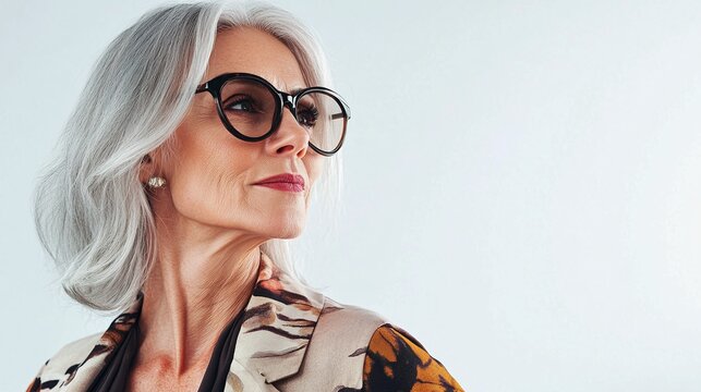 A stylish elderly woman with silver hair, wearing a trendy outfit, looking confident