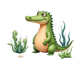 Naklejka premium Cartoon Alligator Standing in Water with Plants, Transparent Background