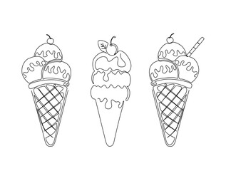 Continuous one line drawing of Ice cream gelato. Ice cream with cone in single line draw illustration. Editable stroke.