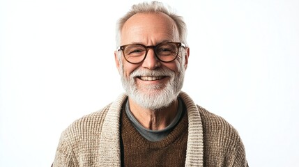 Obraz premium A happy senior man with a well-groomed beard, wearing glasses and a cardigan, looking relaxed