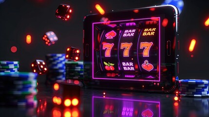 A smartphone displays a casino slot machine with dice and chips