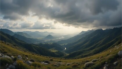 Fototapeta premium Scenic Mountain Valley View with Dramatic Sky and Winding River
