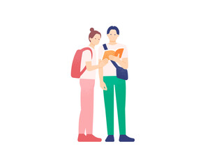 Fototapeta premium ガイドブックを確認する旅行者のイラスト。観光する男女のベクターイラスト素材。