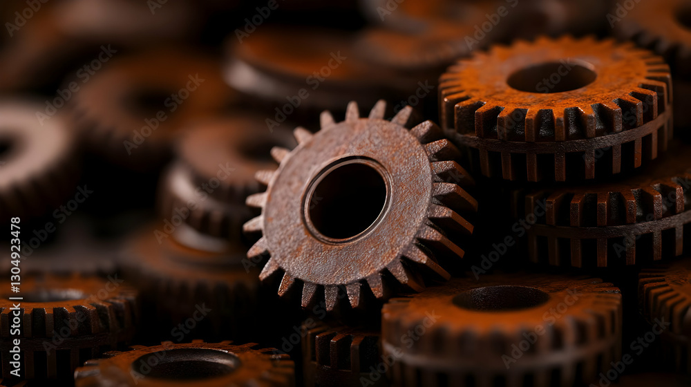 Poster close-up of rusty gears showcasing intricate design and craftsmanship, symbolizing mechanical work a