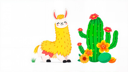 Fototapeta premium Llama smiling standing beside colorful cacti.