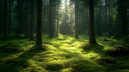 Fototapeta premium A lush green forest filled with vibrant trees and fertile grass under a clear sky