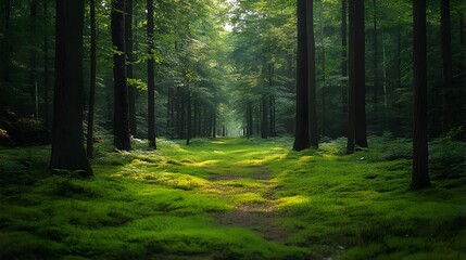 Obraz premium A serene forest path inviting exploration through lush greenery and towering trees