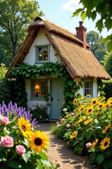 Charming Cottage with Thatched Roof Nestled in a Vibrant Garden Filled with Sunflowers and Blooming Flowers
