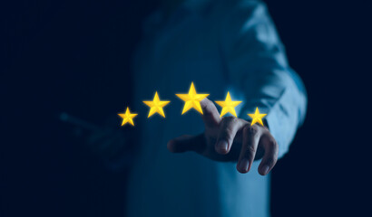 Quality certificate and Customer survey satisfaction concept. Business man show five stars top...