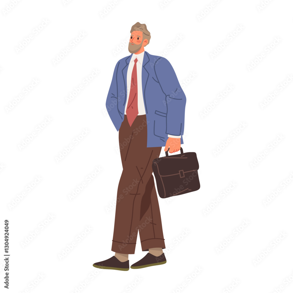 Poster man wearing formal clothes and carrying briefcase in hands walking calmly. vector isolated businessm