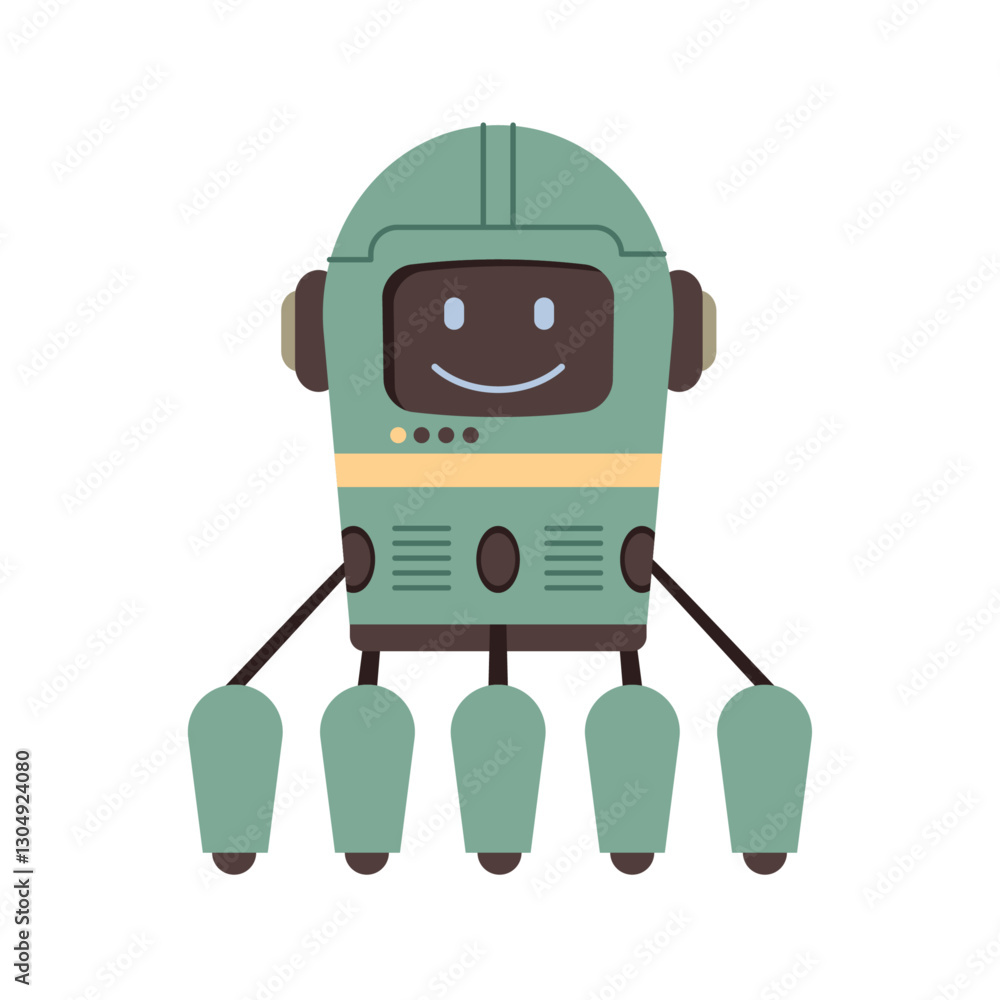 Poster Smiling friendly robot character, isolated personage with legs. Vector cyborg toy or character for game. Futuristic or retro model, virtual assistant with artificial intelligence and support